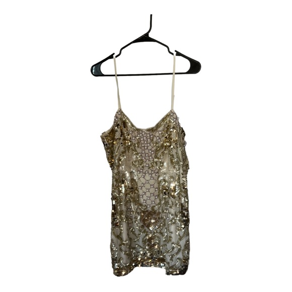 ASOS Edition Gold Sequin Pearl Beaded Sleeveless Square Neck Cocktail Mini Dress - Picture 4 of 8